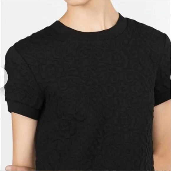 Women's M Zara Floral Jacquard Embossed Black Knit Short Sleeve Mini Shift - Picture 3 of 9